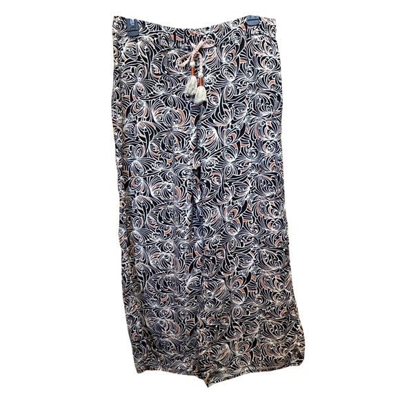 Anthropologie Wide Leg Lounge Pants Swirl Print Tassel Drawstring Black Coral M - Picture 2 of 5